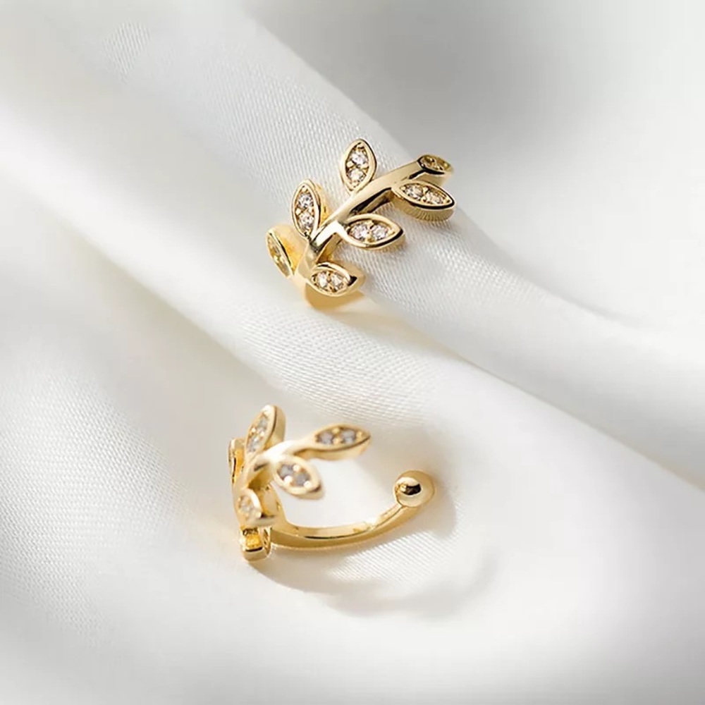 New 18K Gold Vermeil Sterling Silver 925 Crystal Leaf Cuff Earrings set